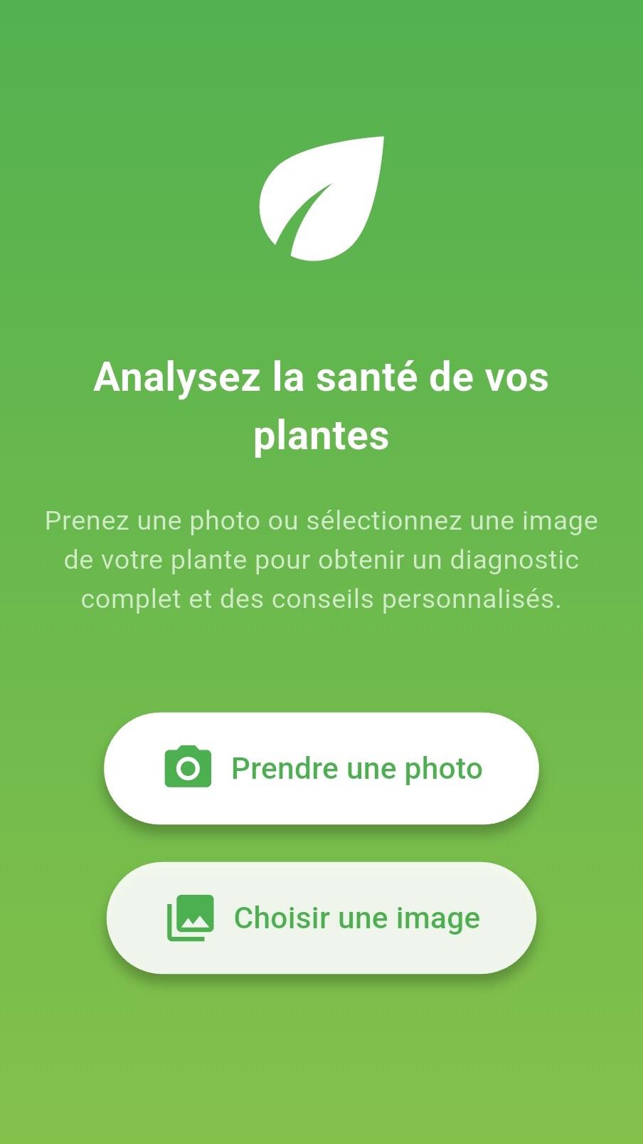 Écran d'accueil de l'app Spriggo : « Analysez la santé de vos plantes » avec deux boutons « Prendre une photo » et « Choisir une image ».